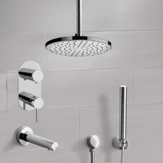 Tub and Shower Faucet Chrome Tub and Shower System With Rain Ceiling Shower Head and Hand Shower Remer TSH62